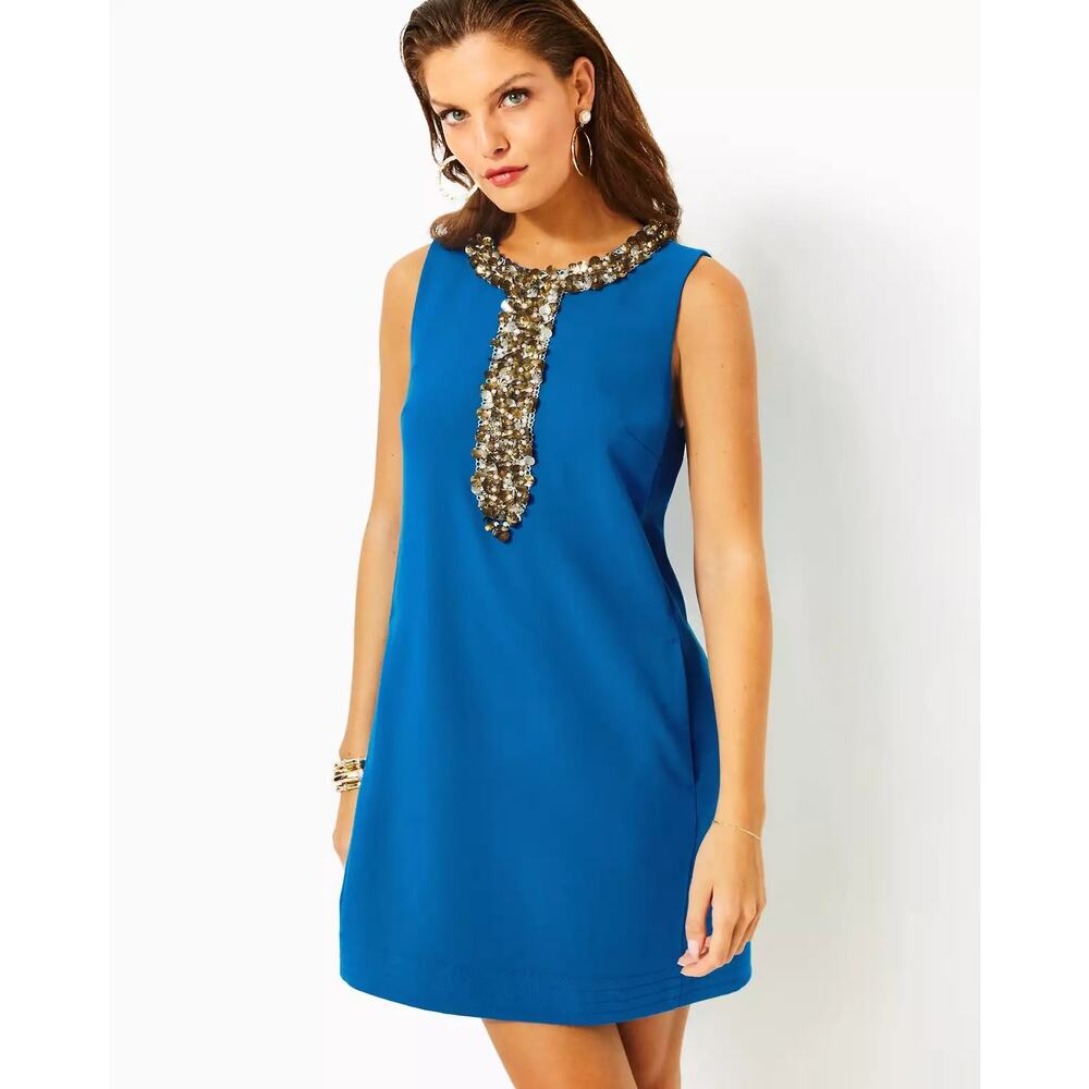 NWT Lilly Pulitzer Edita Embellished Shift Dress Blue 14 Resort Wedding Guest